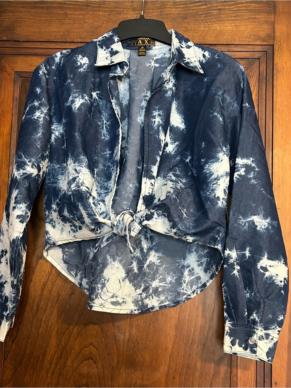 TAXI Blue White Tie Dye Tie Front Button Up Shirt Size Medium